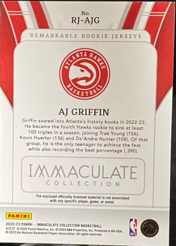 2022-23 Panini Immaculate AJ Griffin Remarkable Rookie Jerseys Red /25 – 05/25