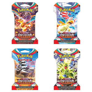 Four packs of Pokemon Trading Card Game Obsidian Flames on a white background