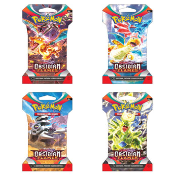 Four packs of Pokemon Trading Card Game Obsidian Flames on a white background
