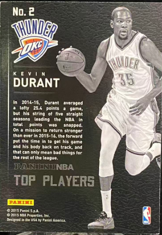 2015-16 Panini NBA Top Players Kevin Durant #2 – Oklahoma City Thunder