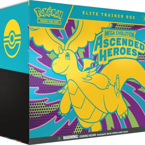 Pokémon Elite Trainer Box with Mega Evolution Ascended Heroes design on a colorful background