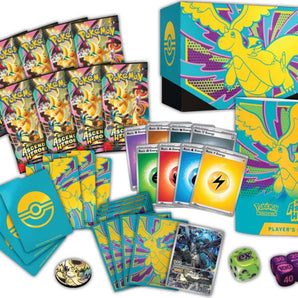 Collection of Pokémon trading cards with a prominent box and cards displayed on a white background.