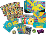 Collection of Pokémon trading cards with a prominent box and cards displayed on a white background.