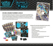 Pokémon trading card game packaging with cards and accessories on a checkered background