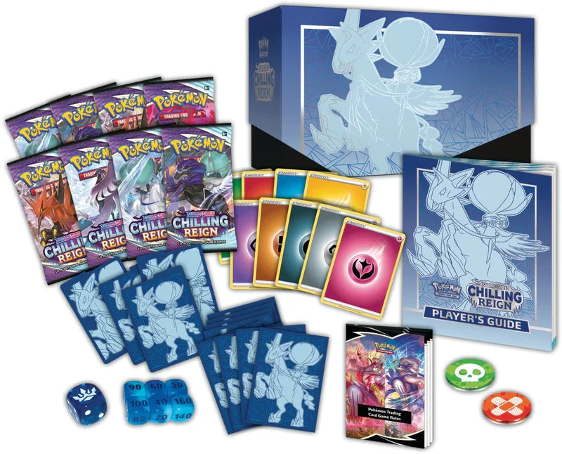 Pokémon trading card game set with cards, player’s guide, and illustrations on a white background