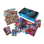 Collection of Pokémon trading cards with a display box on a white background