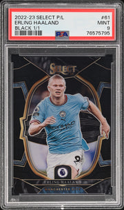 Soccer trading card of Erling Haaland with a PSA grading label on a black background