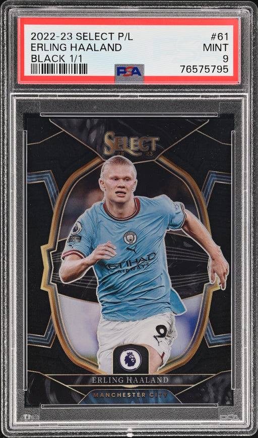 Soccer trading card of Erling Haaland with a PSA grading label on a black background