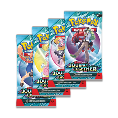 Three packs of Pokemon trading cards on a white background
