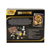Pokémon TCG Mega Evolution Elite Trainer box with cards and accessories on a white background