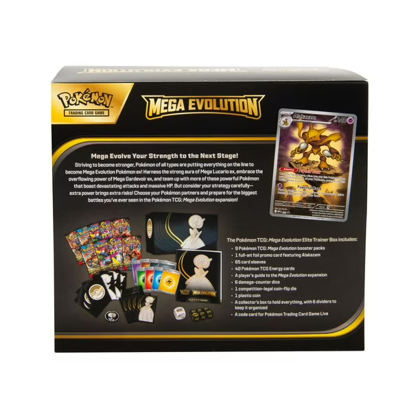 Pokémon TCG Mega Evolution Elite Trainer box with cards and accessories on a white background