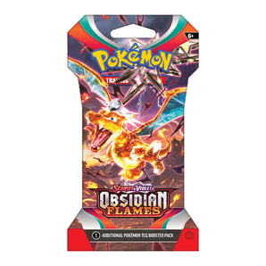 Pokémon trading card game booster pack with Charizard illustration on a white background