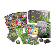 Collection of trading cards, dice, and a guidebook with Pokémon branding on a white background.