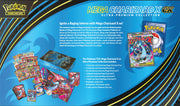 Pokémon Mega Charizard X Ultra-Premium Collection packaging with cards and box on a blue background