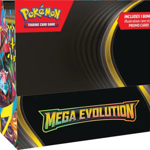Pokémon trading card game box with 'Mega Evolution' text on a black background
