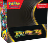 Pokémon trading card game box with 'Mega Evolution' text on a black background