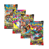 Five packs of Pokémon trading cards with colorful designs on a white background