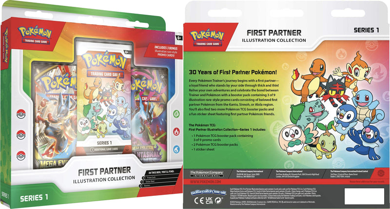 Pokémon trading card game packaging with illustrations of Pokémon characters on a white background