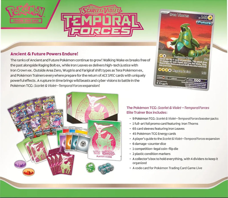 Pokémon Scarlet & Violet Temporal Forces trading card game packaging with cards and accessories.