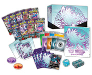 Pokémon trading card game products including cards, a player's guide, and dice on a white background