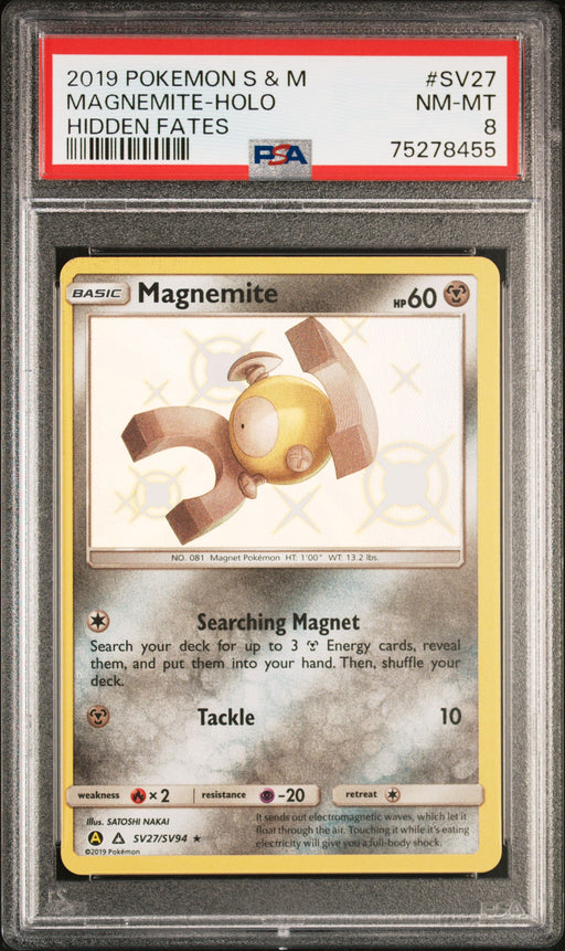 Magnemite-Holo Pokemon Sun & Moon Hidden Fates SV27 NM PSA 8