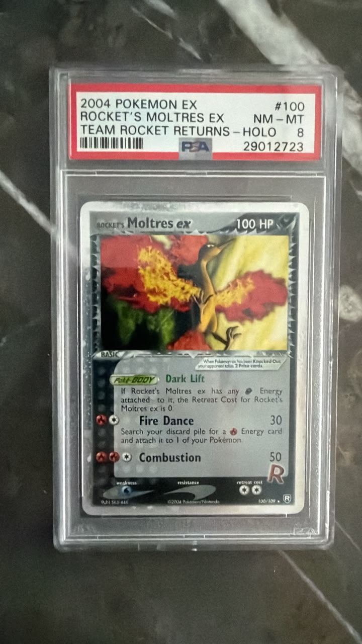 2004 Pokémon EX Team Rocket Returns Rocket’s Moltres ex #100/109 – PSA NM-MT 8