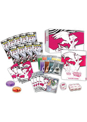 Collection of trading cards and game components on a white background
