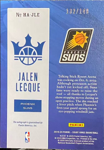 2019-20 Panini Court Kings Jalen Lecque Heir Apparent Rookie Auto #HA-JLE /149 – 132/149