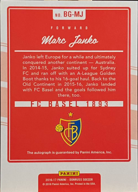 2016-17 Panini Donruss Soccer Marc Janko The Beautiful Game Autograph – FC Basel