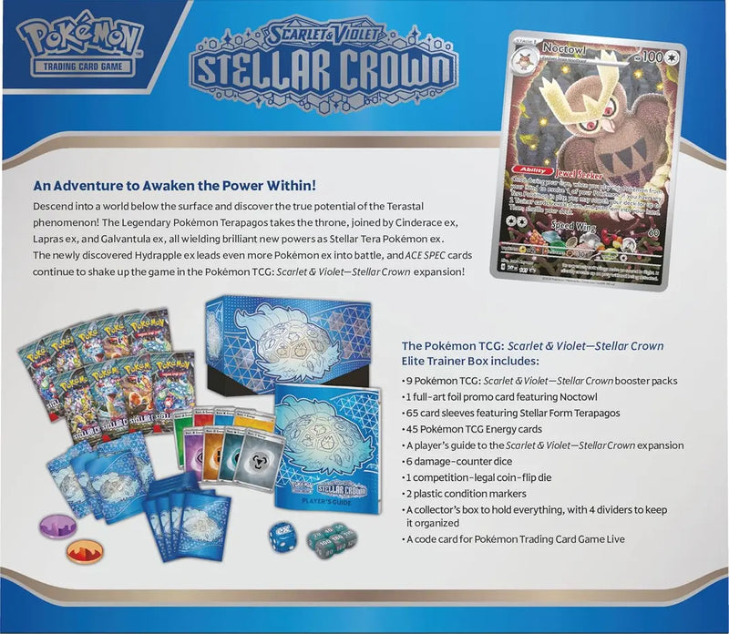 Pokémon TCG: Scarlet & Violet Stellar Crown packaging with cards and booster packs.