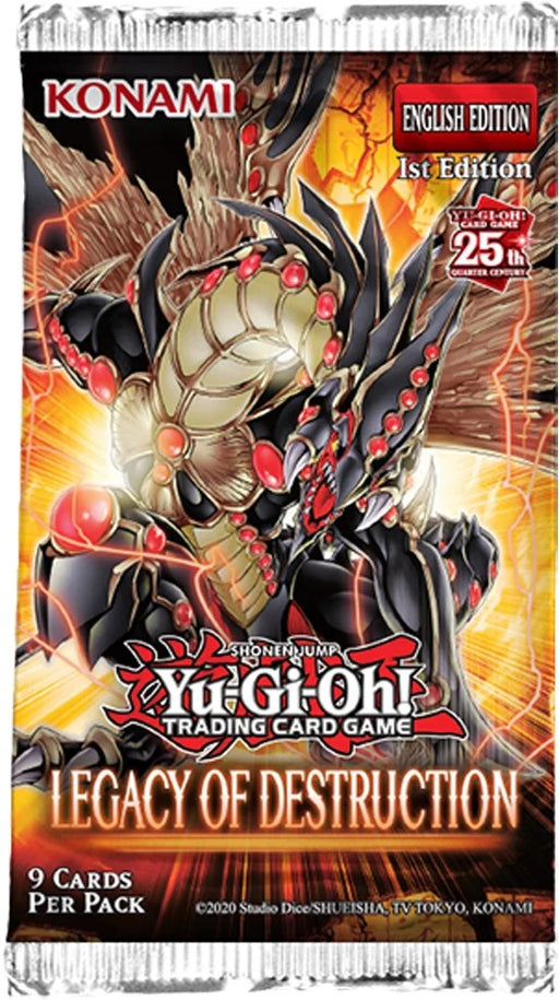 Yu-Gi-Oh! trading card game pack with Konami branding and 'Legacy of Destruction' theme.
