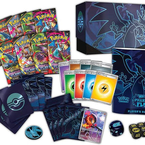 Pokémon trading card game set with cards, box, and accessories on a white background
