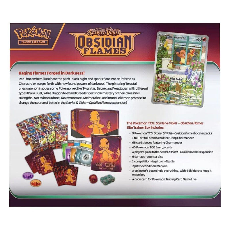 Pokémon Scarlet & Violet Obsidian Flames trading card game packaging with cards and text.
