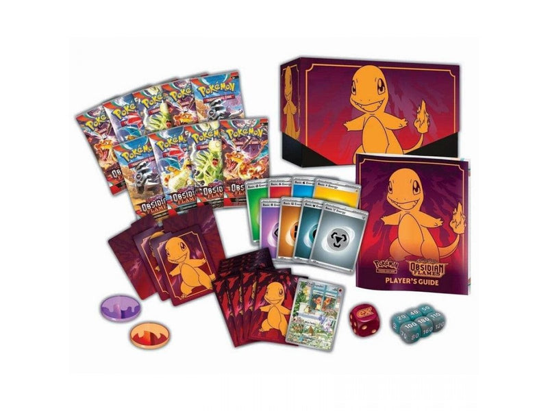Pokémon trading card game set with cards, guidebook, and dice on a white background