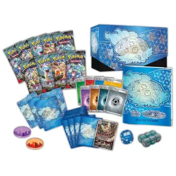 Collection of trading cards and game components with a prominent 'Stellar Crux' theme.