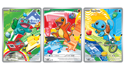 Three colorful trading cards featuring Bulbasaur, Charmander, and Squirtle from Pokémon on a white background.