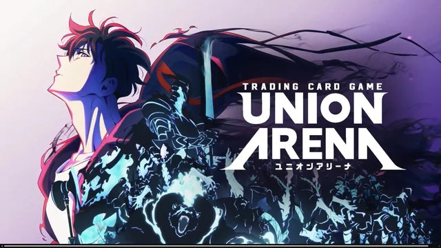 Promotional image for 'Union Arena' trading card game with an anime-style character holding a sword.