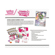 Pokémon trading card game packaging with cards and promotional text on a white background